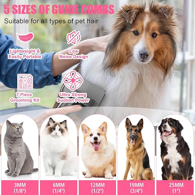 All-in-One Dog Grooming Clippers Kit with Pet Grooming Vacuum & Dog Hair Dryer, 1.8L Dust Cup, 5 Grooming Tools Cats Vacuum for Shedding Grooming