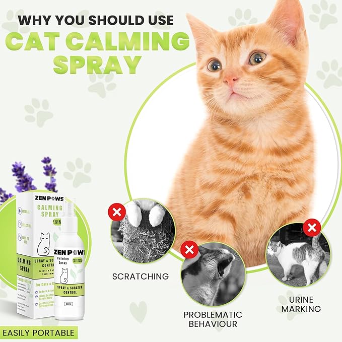 Zenpaws Cat Phermone Calming Spray - Quickly Relieve Stress - Reduces Scratching Furniture, Peeing, Marking, Anxiety - Supports Relief for Fireworks, Travel, Vet Visits 60ml