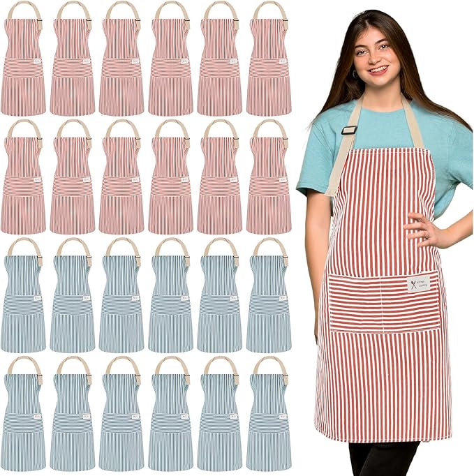 Janmercy 24 Pcs Aprons for Women Men with 2 Pockets Linen Cooking Kitchen Apron Adjustable Bib Chef Apron Bulk Aprons Unisex