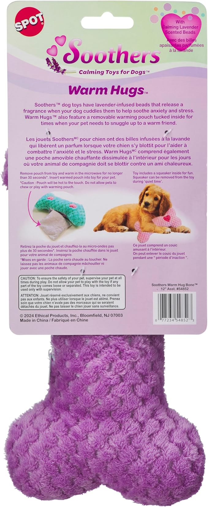 SPOT Soothers Warm Hug Bone - Calming Plush Dog Toy with Lavender Scented Beads, Removable Squeaker, Microwavable Warming Pouch, Separation Anxiety Relief, for Medium to Large Dogs and Puppies, 12in