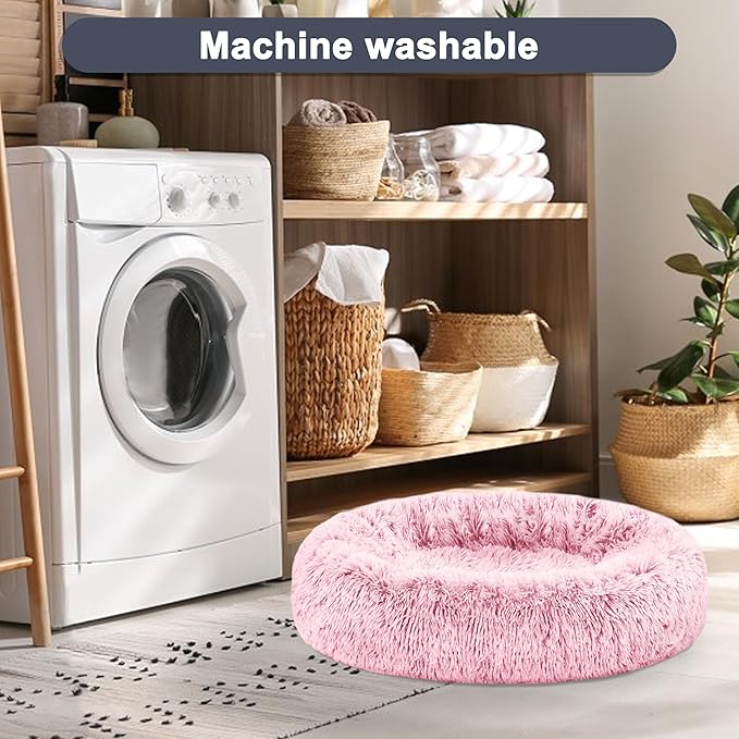 ELSKER&HOME Calming Dog Bed,Donut Washable Warming Soft Round 30 inches Dog Beds for Medium Dogs,Anti-Anxiety Fluffy Plush Cushion Bed Fits up to 50 lbs Pets,Pink