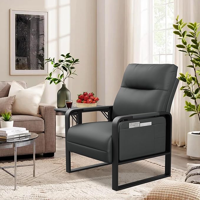 Modern Faux Leather Accent Chair Upholstered Armchair with Side Table for Bedroom Living Room Chairs Office Chair Grey Leisure Chair