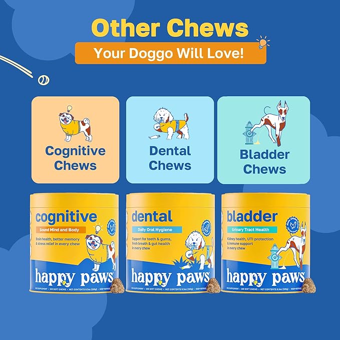 Happy Paws Calming Chews for Dogs, Relaxation & Anxiety Support for All Breeds & Ages, Dog Sleep Aid with L Theanine & Chamomile, Vegan Peanut Butter Flavor, Organic, Non GMO, 200 Soft Chews