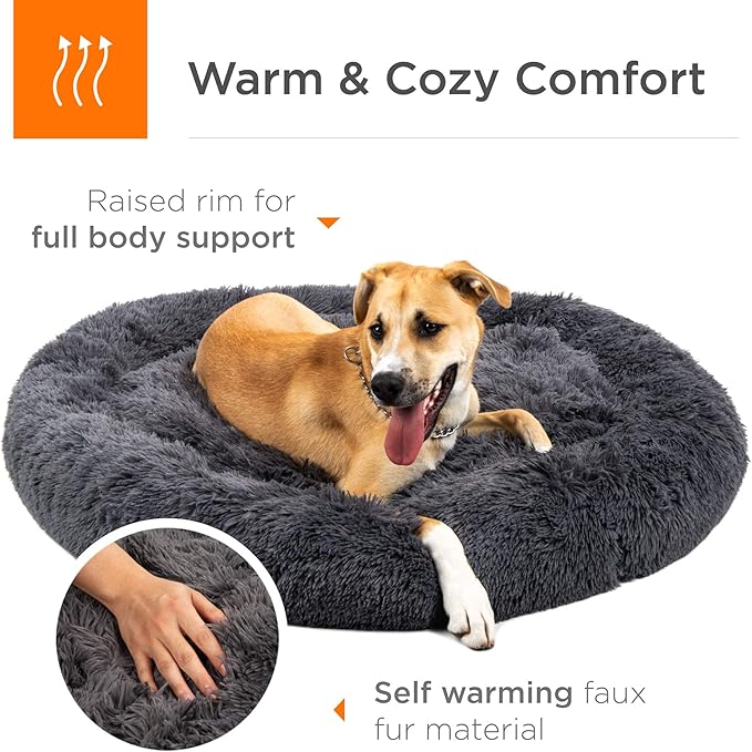 Best Choice Products 45in Dog Bed Self-Warming Plush Shag Fur Donut Calming Pet Bed Cuddler w/Water-Resistant Lining, Raised Rim - Gray