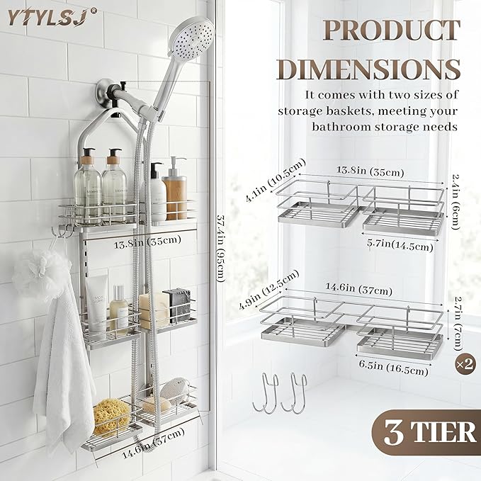 Aluminum Alloy Hanging Shower Caddy for Handheld Shower Heads, 3-Tier Adjustable Shower Rack, Rustproof Hose Hanging Shower Organizer with 2 S-Hooks, Silver
