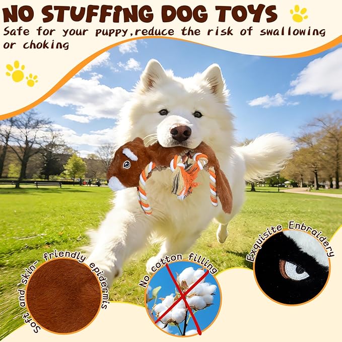 Dog Squeaky Toys, No Stuffing 2-Pack Dog Toys, Crinkle Plush Dog Toys to Keep Them Busy, Rope Dog Toys for Tug of War, Animal Shapes Dog Toys Bundle for Large, Medium and Small Dogs(Skunk, Squirrel)