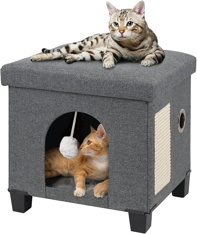 BRIAN & DANY Foldable Cat House, Cat Cave, Cat Cube with Scratch Board & Ball, 37.5 x 32.5 x 36 cm, Gray