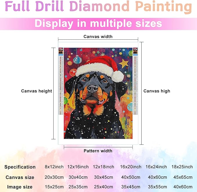 Rottweiler Wearing A Santa Hat Diamond Art Kits for Adults, Christmas DIY 5d Diamond Painting Kits for Beginners, Can Be Used As A Gift for Home and Wall Decoration 12 * 18Inch