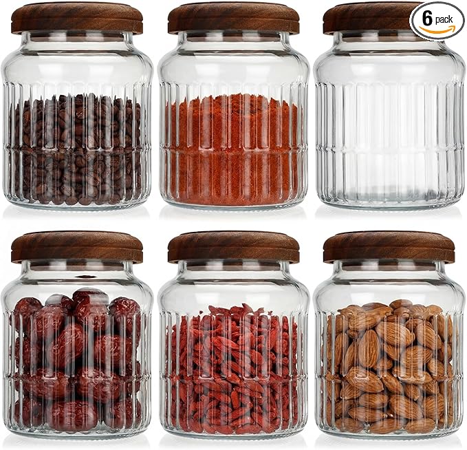 6 Pack Vintage Glass Jars with Wooden Lids 33.8 oz Airtight Glass Canisters Storage Containers Large Food Canisters for Pantry Coffee Spice Grains Tea Sugar Flour Kitchen(Stylish Ribbed)