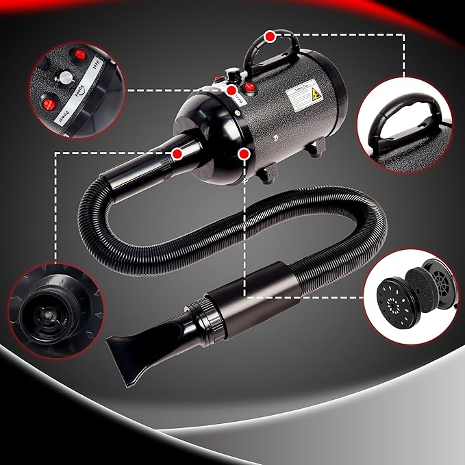 Dog Hair Dryer High Velocity Professional Dog Blow Dryer with Adjustable Speed Dog Pet Grooming Dryer Blower with 4 Nozzle 2 Blow Temperature（Black）