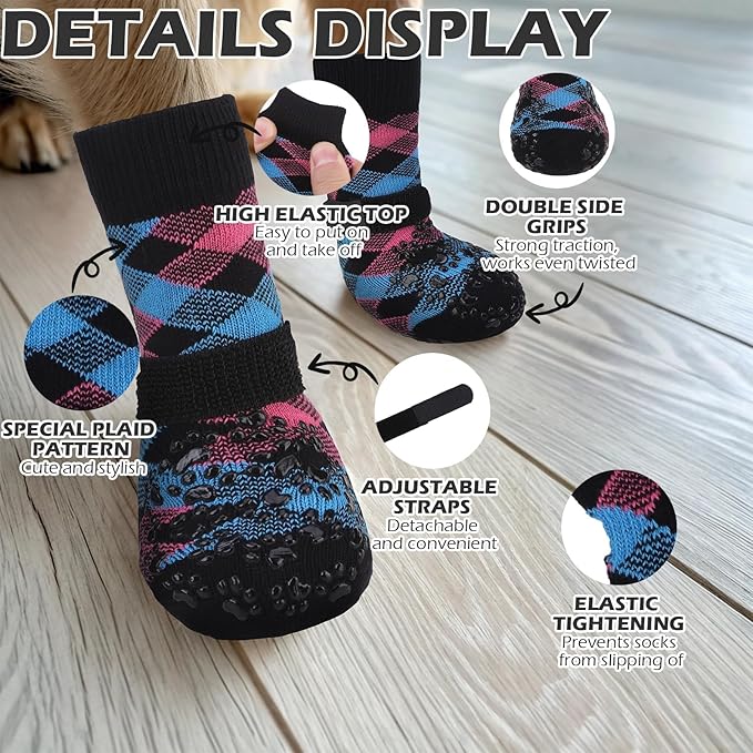 EXPAWLORER Dog Socks for Cold Winter Snow to Prevent Licking Paws, Anti Slip Doggie Booties Grippy Shoes for Hardwood Floors, Boots & Paw Protectors for Small Medium Large Senior Dogs Pink Blue XS