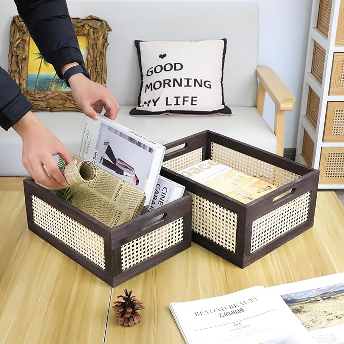 Rattan Storage Baskets, Wicker Storage Baskets for Shelves, Wooden Crate. (Brown-Set2)
