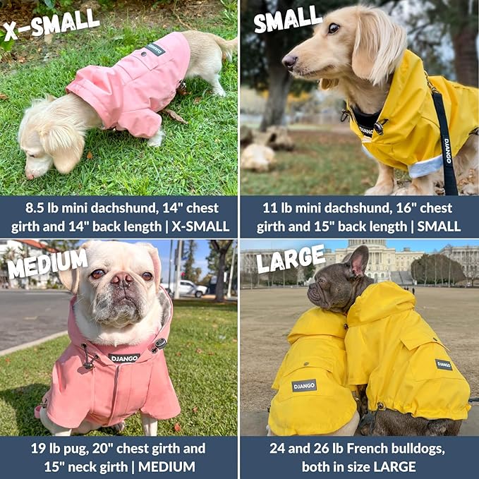 DJANGO Highland Dog Jacket & Raincoat – Water-Repellent, Lined Dog Coat with Hood, Adjustable Fit & Harness Hole – Lightweight Rain & Wind Jacket for Small & Medium Dogs up to 30 lbs (Pink, X-Small)