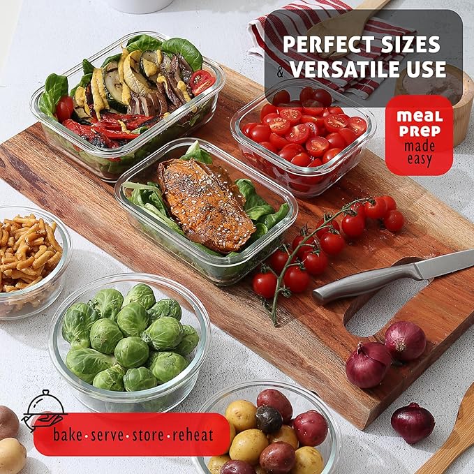 EATEX 24pc Glass Storage Containers with Lids, 12 Set Glass Food Storage Containers with 12 Airtight Lids, Pantry Kitchen Meal Prep Containers for Lunch, Freezer Storage Containers, Oven Safe