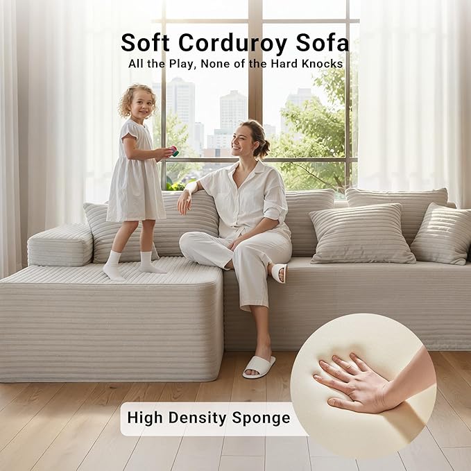 Claiks Boneless Couch, Cloud Couch Sectional, L-Shape Corduroy Modular Sectional Sofa Deep Seat, Upholstered Couches for Living Room, No Assembly Required, Beige, Left Facing Chaise