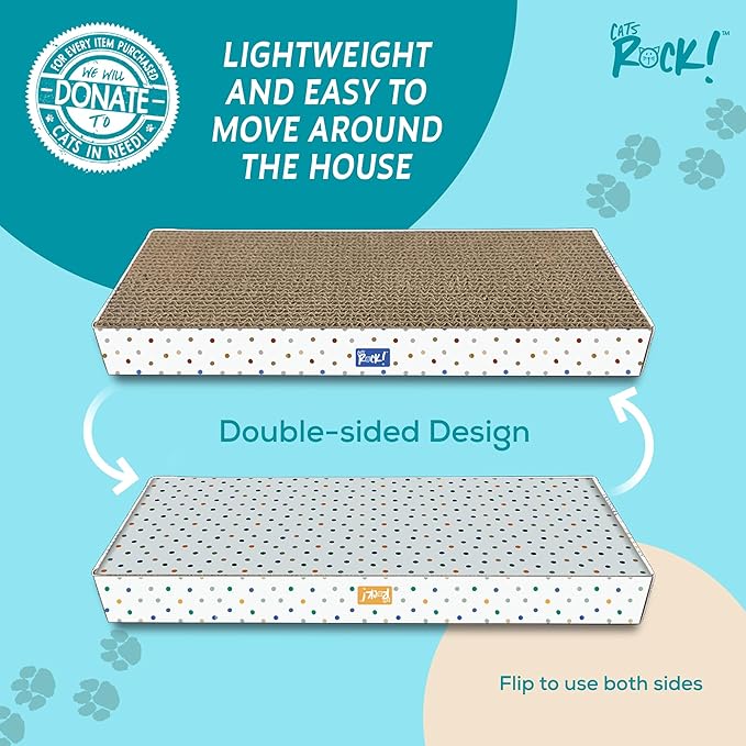 Cats Rock Scratching Board for Indoor Cats, Corrugated Cardboard Cat Scratcher with Catnip, Double-Sided Scratch Pad, Rectangle Scratcher Icon and Squares Design (Pack of 2)