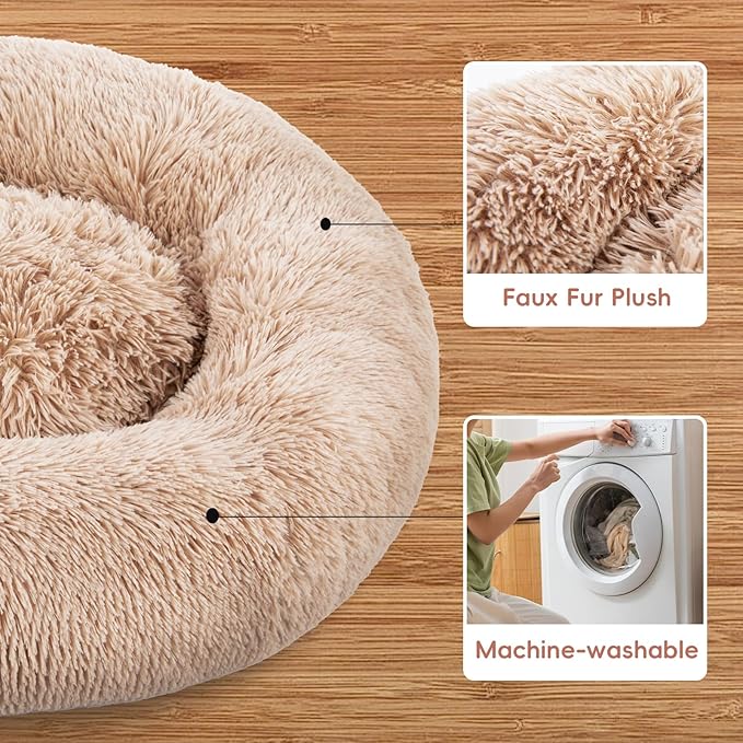 FluffyDream 24 Inch Donut Bed for Dogs, Calming, Brown, Washable, Plush Fur Dog Cuddle Bed