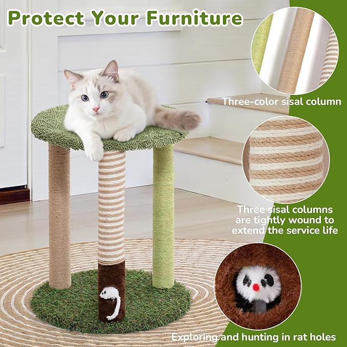 Cat Tree Tower with 3 Scratcher Posts 17inch Tall Cat Tree Sisal Scratching Posts with Fun Cat Toys for Kitty and Adult Cats Small Cat Tower and Perch Bed for Indoor Cats (Green)
