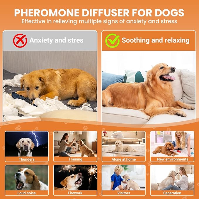 Dog Calming Diffuser, 4 in 1 Puppy Pheromones Calming Diffuser, Relaxing Pheromone Plug in Kit for Dogs Relief Stress Anxiety Fighting Scratching Peeing Accidents, 2 Diffuser 2 Refill(48ml)