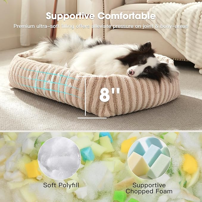MIXJOY Dog Bed Medium Size Dog, Washable Medium Dogs Bed with Removable Cover, Soft Rectangle Doggy Ded Fluffy Plush Faux Fur Pet Bed with Anti-Slip Bottom, 30"x24"x8", Beige