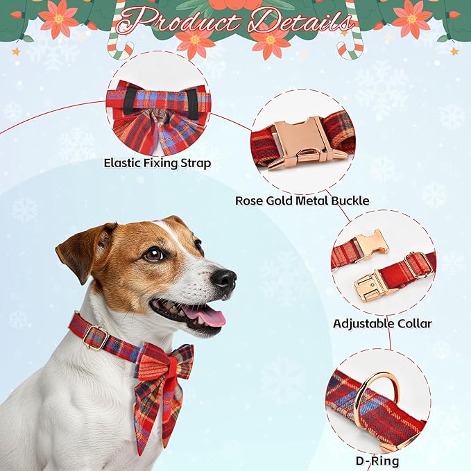 Vehomy Christmas Dog Collar with Bow Adjustable Plaid Collar with Bowknot Christmas Day Pet Accessory Plaid Bowtie Collars for Small Medium Large Dogs L