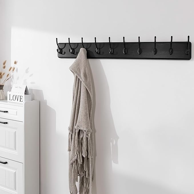 SKOLOO Rustic Wall Mounted Coat Rack, Case of 2, Pine Solid Wood Coat Hook Hanger - 10 Hooks for Hanging Clothes Robes Towels Coats