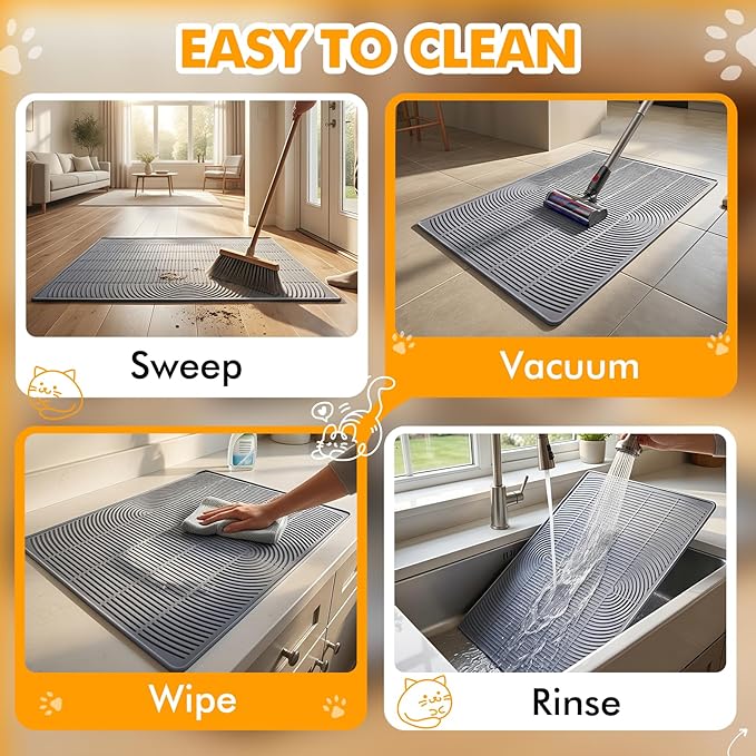 Cat Litter Mats for Floor, 34"x22" Silicone Litter Box Mat with Raised Edges, Highly Effective Litter Trapping Mat for Scatter Control, Non-Slip Waterproof Pad, Easy to Clean & Pet Friendly, Gray