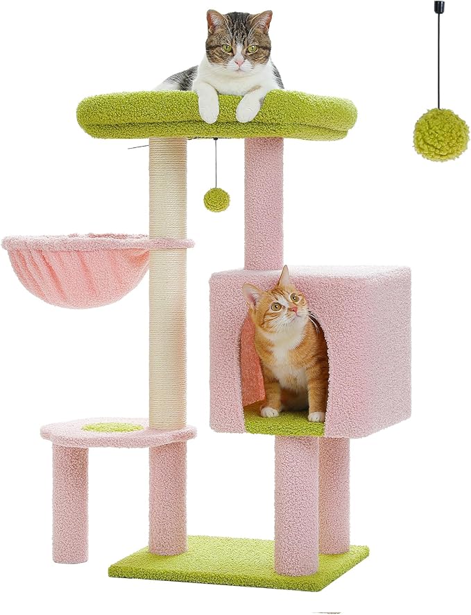 Flower Pink Cat Tree, 35.4" Cute Cat Tower Condo for Indoor Cats w/Large Padded Perch, Cat Scratching Post, Comfy Hammock, and Dangling Ball, for Small-Medium Cats