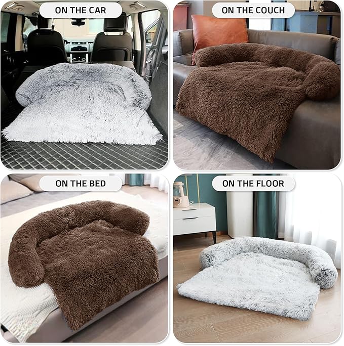GGIB Calming Dog Bed Fluffy Plush Dog Mat for Furniture Protector with Removable Washable Cover for Large Medium Small Dogs and Cats (Medium, Coffee)