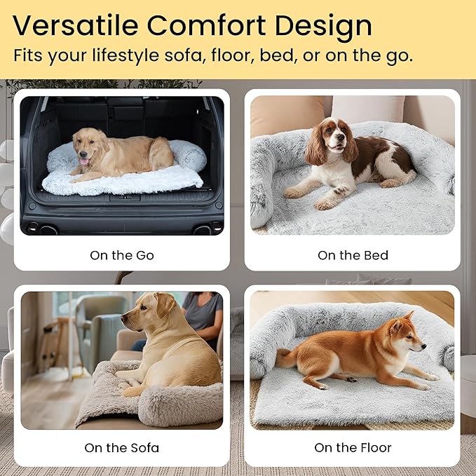 Codi Large Calming Dog Bed for Couch – Anti-Anxiety Sofa Protector Mat for XL Dogs, 45''x37''x6'', Machine Washable, Fluffy & Cozy with Non-Slip Bottom, Light Grey