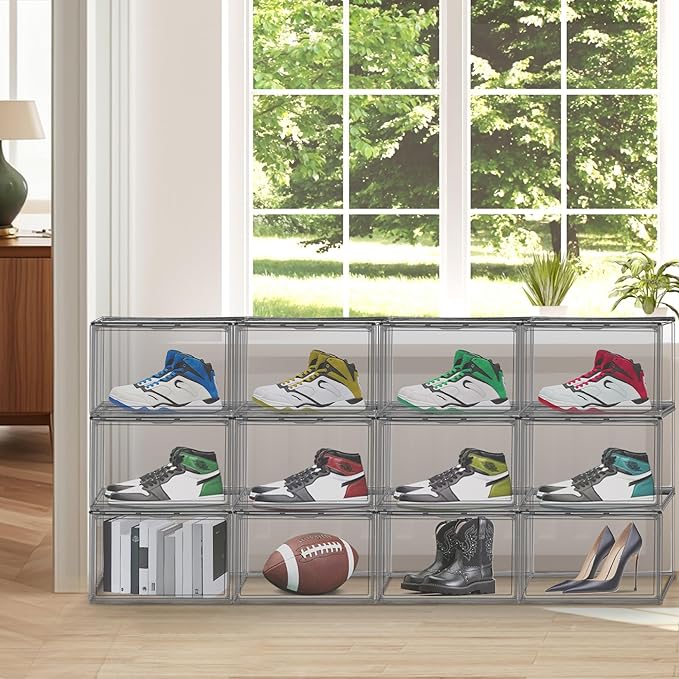 Shoe Storage Boxes Size 14, Acrylic Shoe Box Sneaker Display Case Plastic Stackable Shoes Boots Organizer with Magnetic Lid, 1 Pack,Black