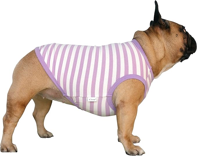 iChoue English Bulldog 100% Breathable Cotton Striped T Shirts Halloween Vest Clothes for Medium Dogs Tank Tops French Frenchie Pug Boston Terrier Pitbull Purple White Stripes - XXLarge