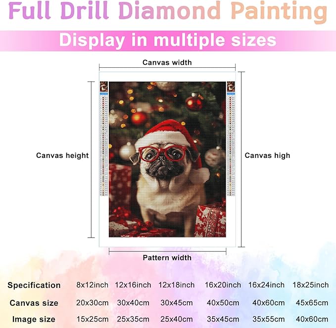 Pug with Glasses Diamond Painting Kits for Beginner, 5d DIY Diamond Painting Kits for Adult Christmas, Paint by Number Without Frame Home Wall Decor 16 * 20Inch