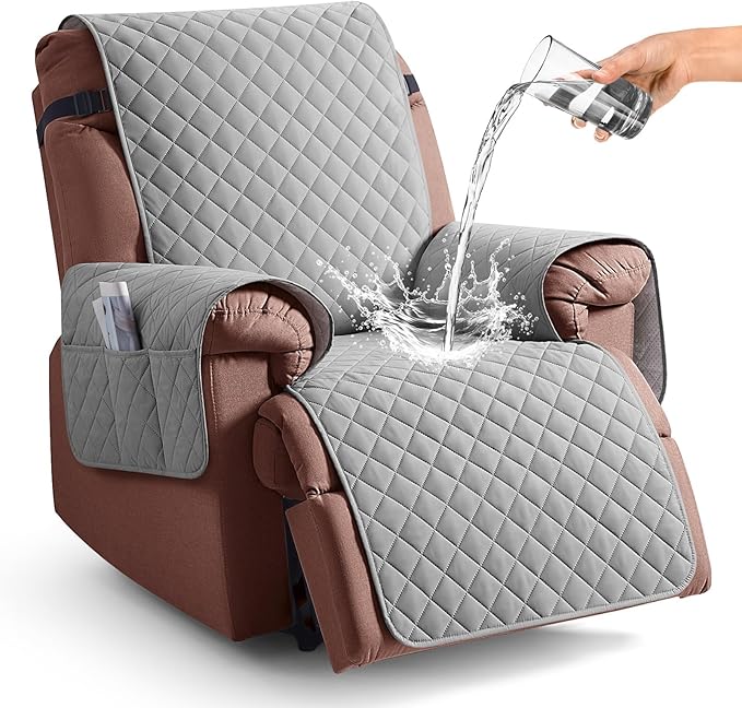 KinCam 100% Waterproof Recliner Chair Cover, Reclining Couch Covers for Pets, Dogs, Recliner Couch Slipcover Furniture Protector with Elastic Straps for Kids(25", Light Gray)