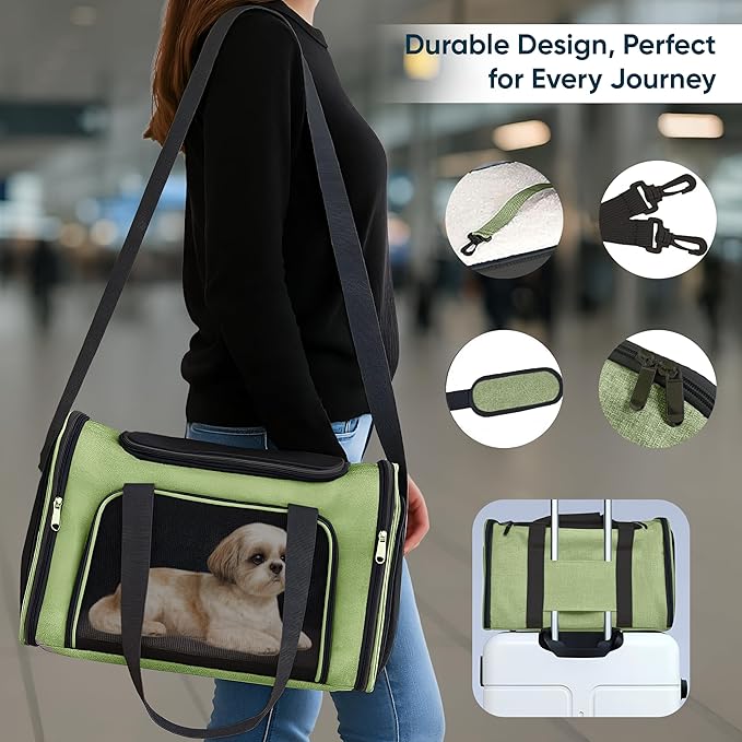 Pet Travel Carrier Bag – Airline Approved Soft-Sided Dog & Cat Carrier, Foldable, Breathable Mesh, Washable Pad – Fits Pets up to 15 lbs – The Pup Quartet (Green)