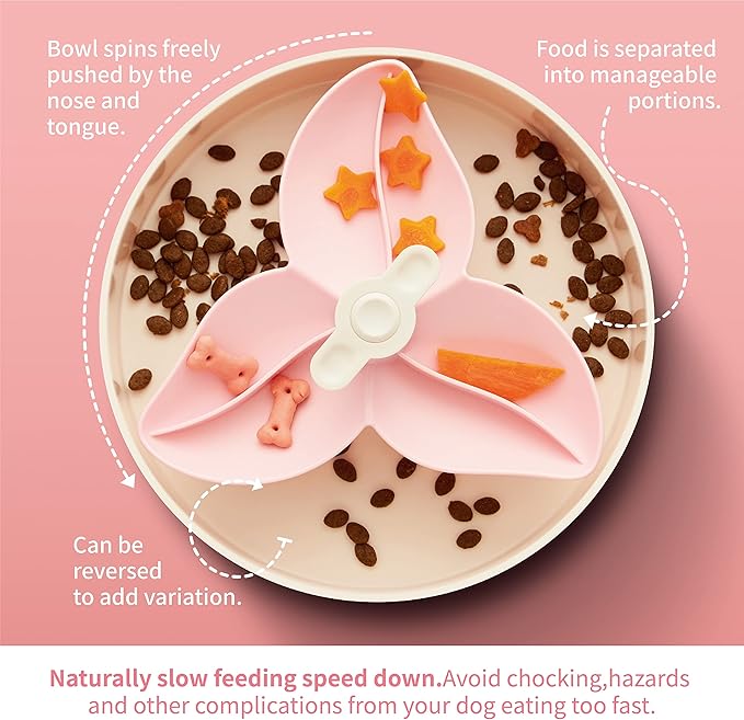 PetDreamHouse Spin Interactive Slow Feeder Bowl for Dogs - Bougainvillea Pink - Skill Level: Easy - Fun and Healthy Feeding with Movable, Adjustable Center Puzzle Piece for All Dogs and Food Types