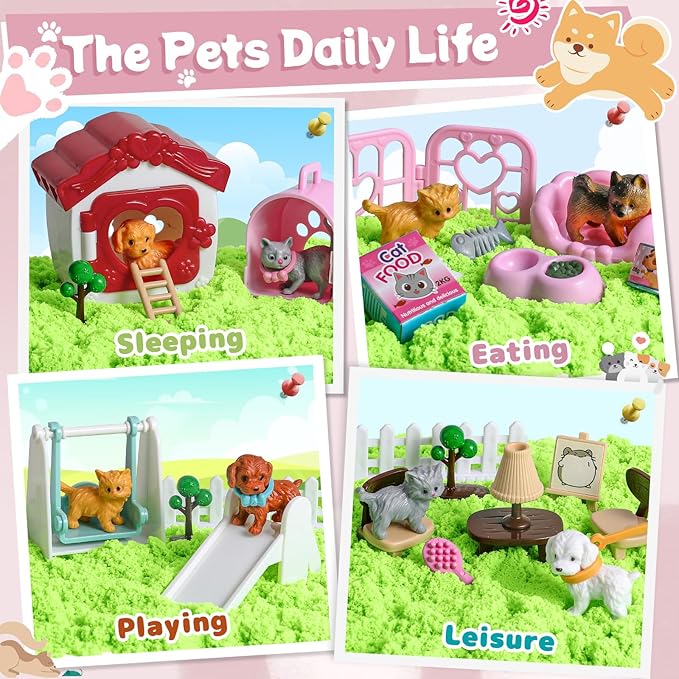 Cat and Dog Sensory Bin,Play Sand Kit for Girls and Boys with 2.2lbs Sensory Sand and Sand Box,Pet Sandbox Toys Role Pretend Play Beach Toy Birthday Present for Toddler Ages 3 4 5 6 7 8