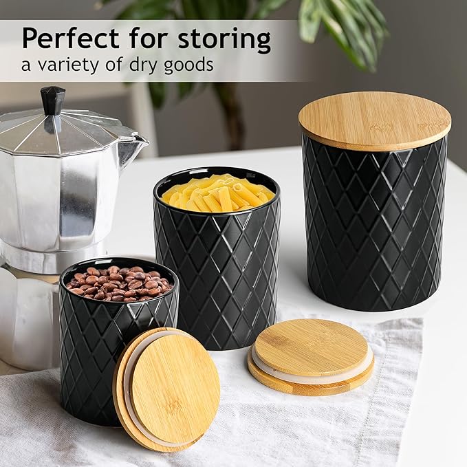 MIAMIO – Set of 3 Canister Sets for Kitchen Counter, Ceramic Kitchen Canister Set with Airtight Seal Wooden Lid - Perfect for Coffee, Tea, Sugar, Flour, Tea, Salt and More