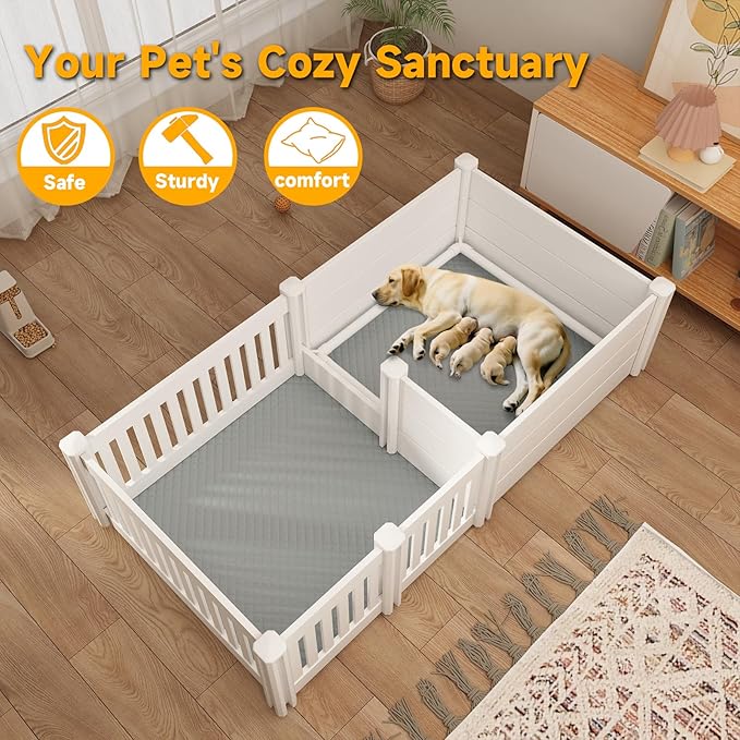 Whelping Box for Dogs 76''x 39''x 18'',with Pig Rails Washable Pad,2 Room Whelping Box for Dogs and Puppies Suitable for Small Medium Large Breeds