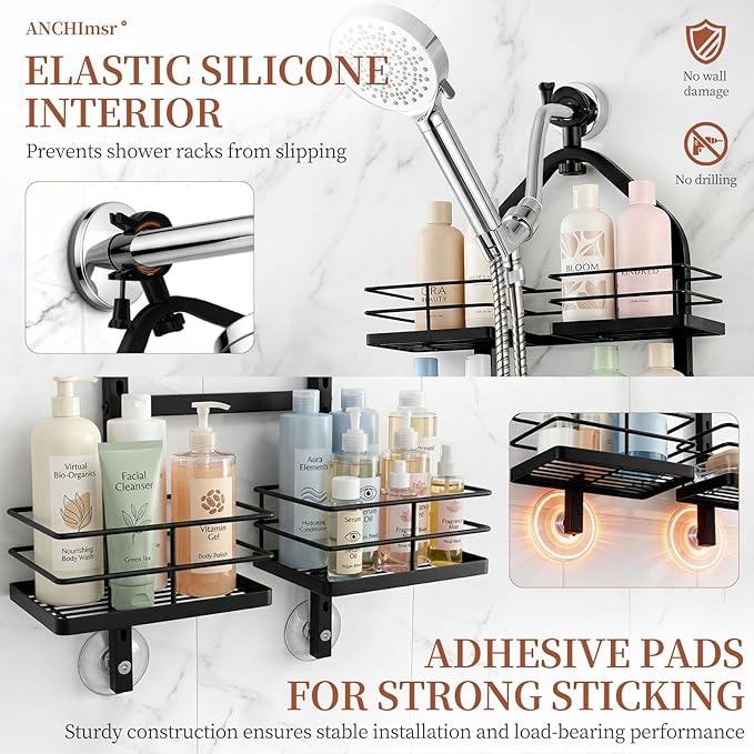 Adjustable Hanging Shower Caddy for Handheld Showerhead, 4-Tier Rustproof Shower Rack Baskets, Anti-Swing Hanging Shower Organizer for Bathroom Storage with 2 S-Hooks, Large Capacity, Black