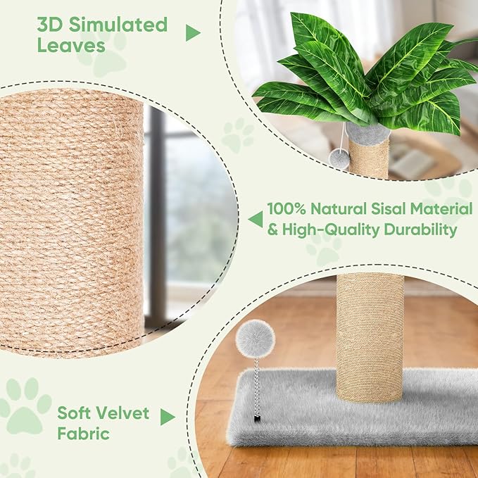 XiaZ Cat Scratching Post 34 Inches Tall, Cat Tower Scratcher Extra Wide 15.8" Stable Base with 2 Interactive Toy Balls, Premium Natural Sisal Pad for Small, Medium Large Cats (Light Gray, 4.5in)