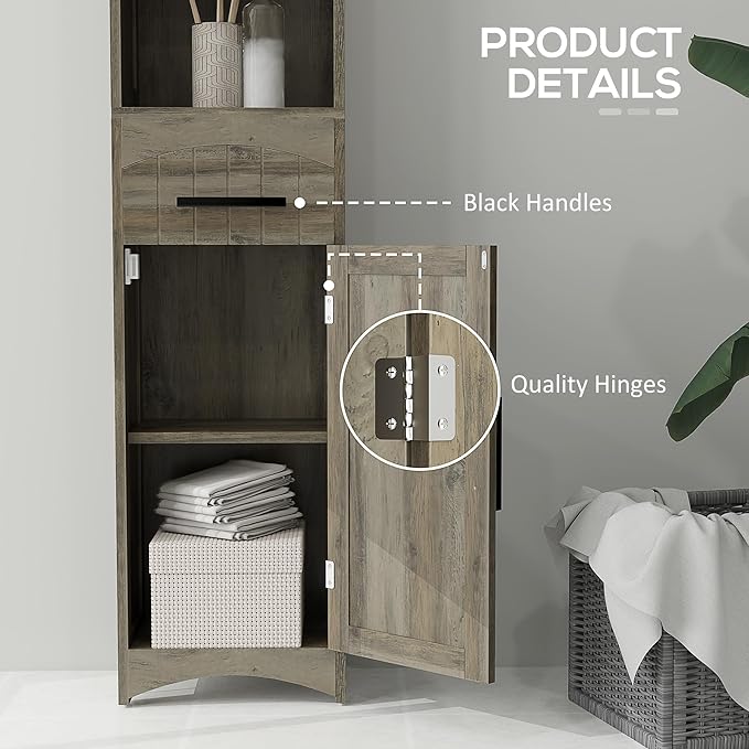 HOMCOM Tall Bathroom Storage Cabinet, Farmhouse Narrow Bathroom Storage Cabinet with Recessed Drawer and Barn Door, Linen Cabinet, Weathered Gray Oak