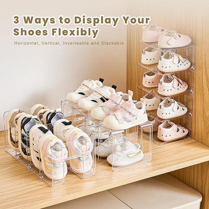 Clear Acrylic Kids Shoe Rack for Closet Organizers and Storage | 4 Pack Small Shoe Rack 4 Sections Toddler Baby Shoe Storage Organizer Stackable Shoe Shelf, Desk File Sorter Book Purse Organizer