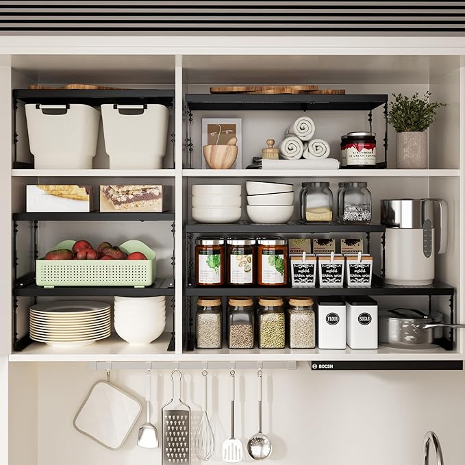 Adjustable Stackable Metal Storage Shelf Organizer - Expandable Wire Rack with Perforations for Kitchen, Pantry, Bathroom, Cabinet & Office-Compact, Durable & Sturdy (3PACKS/Large/Black)