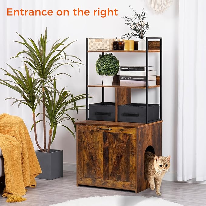 Dwanton Litter Box Enclosure with 2 Storage Shelves and 2 Drawers, 2-in-1 Hidden Cat Litter Box Enclosure Furniture with Shelf, Reversible Entrance, Washable Drawers, 50-Inch, Rustic Brown