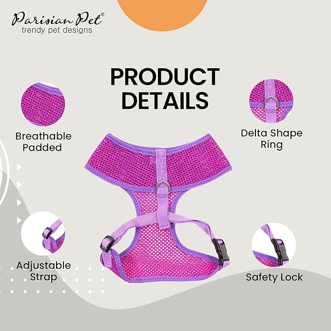 Parisian Pet Girl Dog Harness - Soft Padded Purple/Pink Dog Vest Harness - 100% Mesh Fabric Puppy Harness - Female Cooling Dog Harness for Large Dogs - Idle for Walking, Running, and Hiking - XL