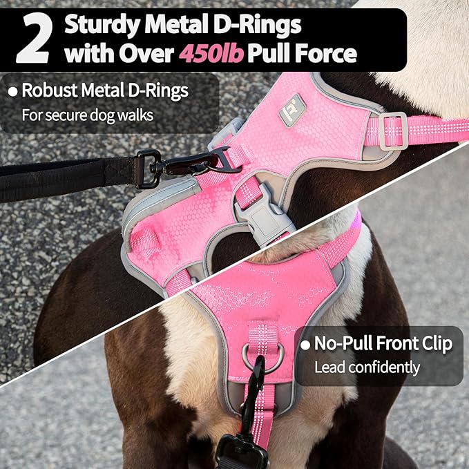 Huntboo Escape Proof Dog Harness, Escape Artist Harness, Reflective Harness with Padded Handle, Breathable, Durable, Adjustable Vest for Medium Dogs Walking, Training, and Running Gear (Pink,M)