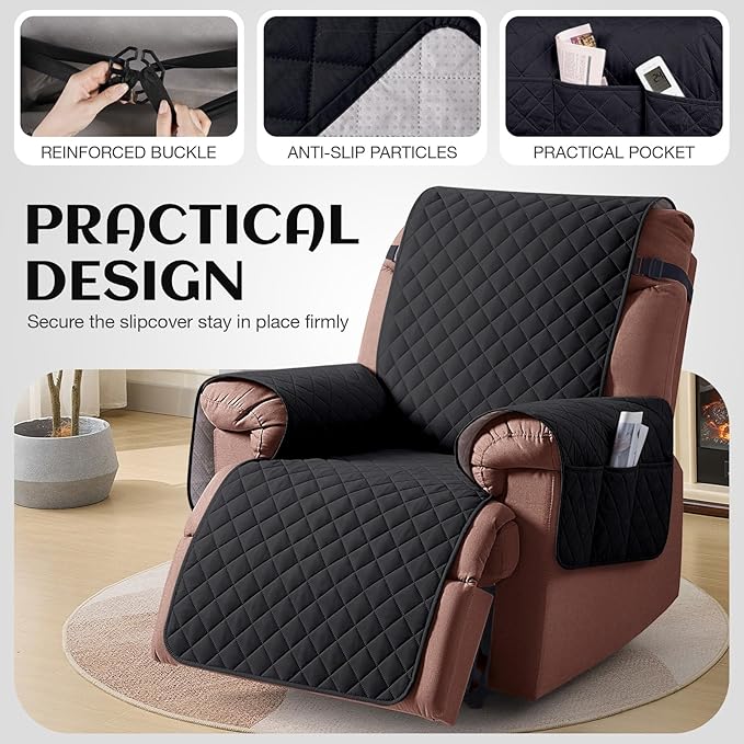 KinCam 100% Waterproof Recliner Chair Cover, Reclining Couch Covers for Pets, Dogs, Recliner Couch Slipcover Furniture Protector with Elastic Straps for Kids(25", Black)