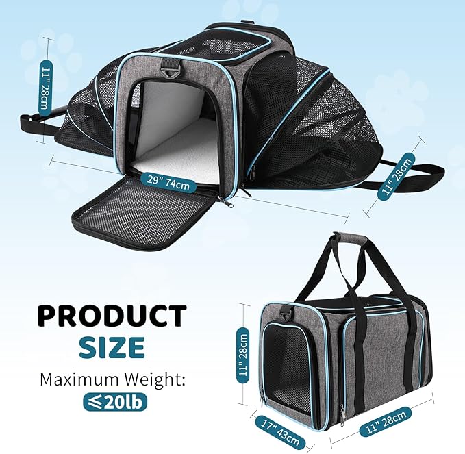 Pet Carrier TSA Airplane Approved - Expandable Soft Cat Dog Carrier, Collapsible Pet Travel Bag Carrier with Foldable Pet Bowl for Large Cats Small Medium Dogs for Camping Vet Visiting 17 * 11 * 11