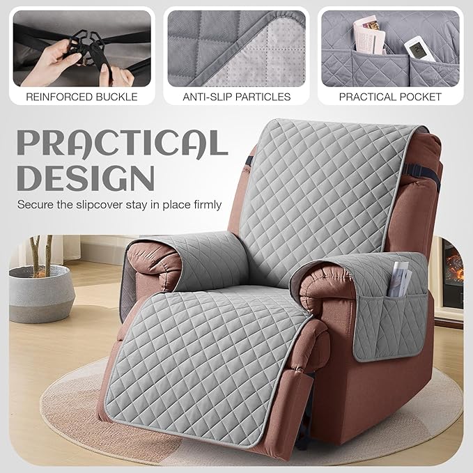 KinCam 100% Waterproof Recliner Chair Cover, Reclining Couch Covers for Pets, Dogs, Recliner Couch Slipcover Furniture Protector with Elastic Straps for Kids(28", Light Gray)